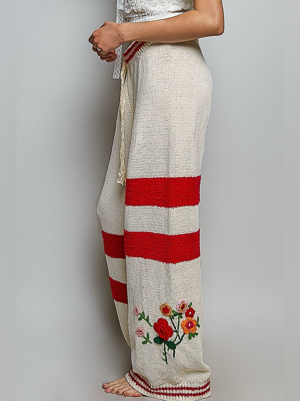 New 🔥POL Crochet Wide-Leg Pants in Ivory with Red Stripes